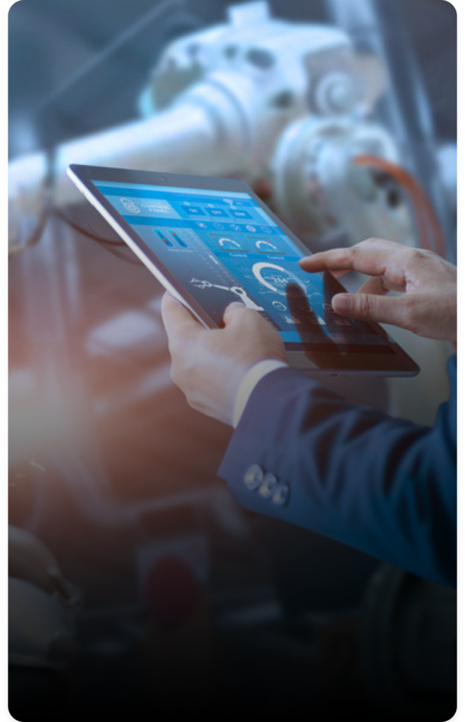Man in blue blazer holding iPad showing statistics