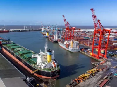 Liverpool docks with ship and cranes