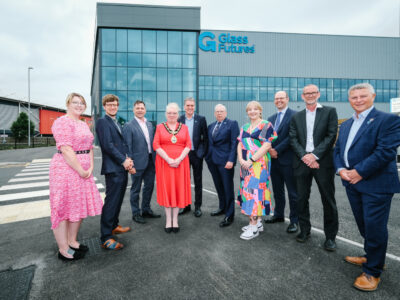 Officials at the opening of the new Glass Futures facility in St Helens