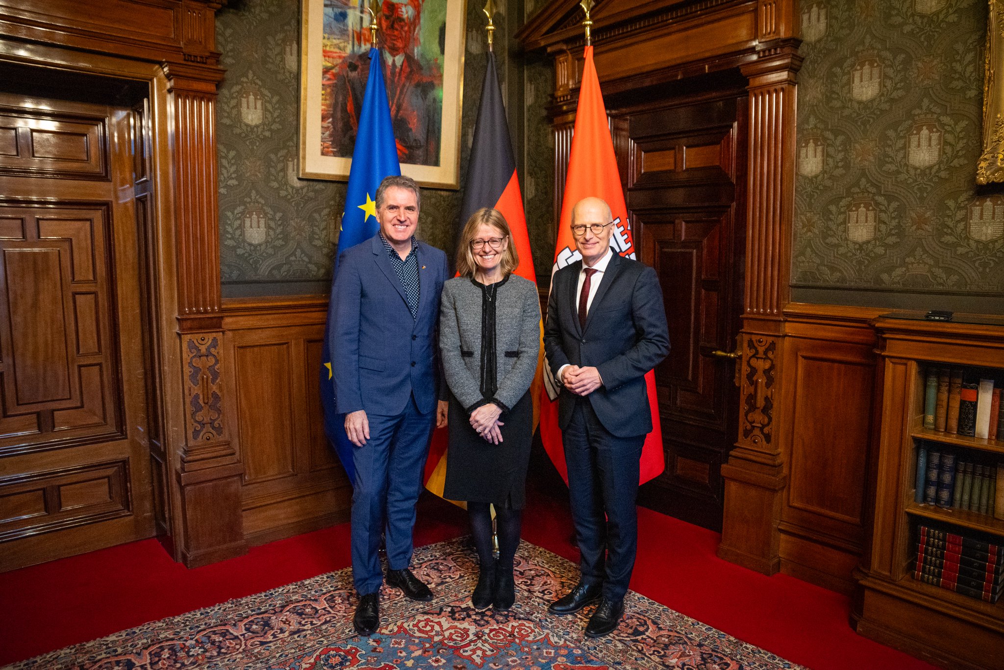 Liverpool City Region Mayor Steve Rotheram with Jill Gallard, British Ambassador to Germany, and Dr Peter Tschentscher, First Mayor of the Free and Hanseatic City of Hamburg